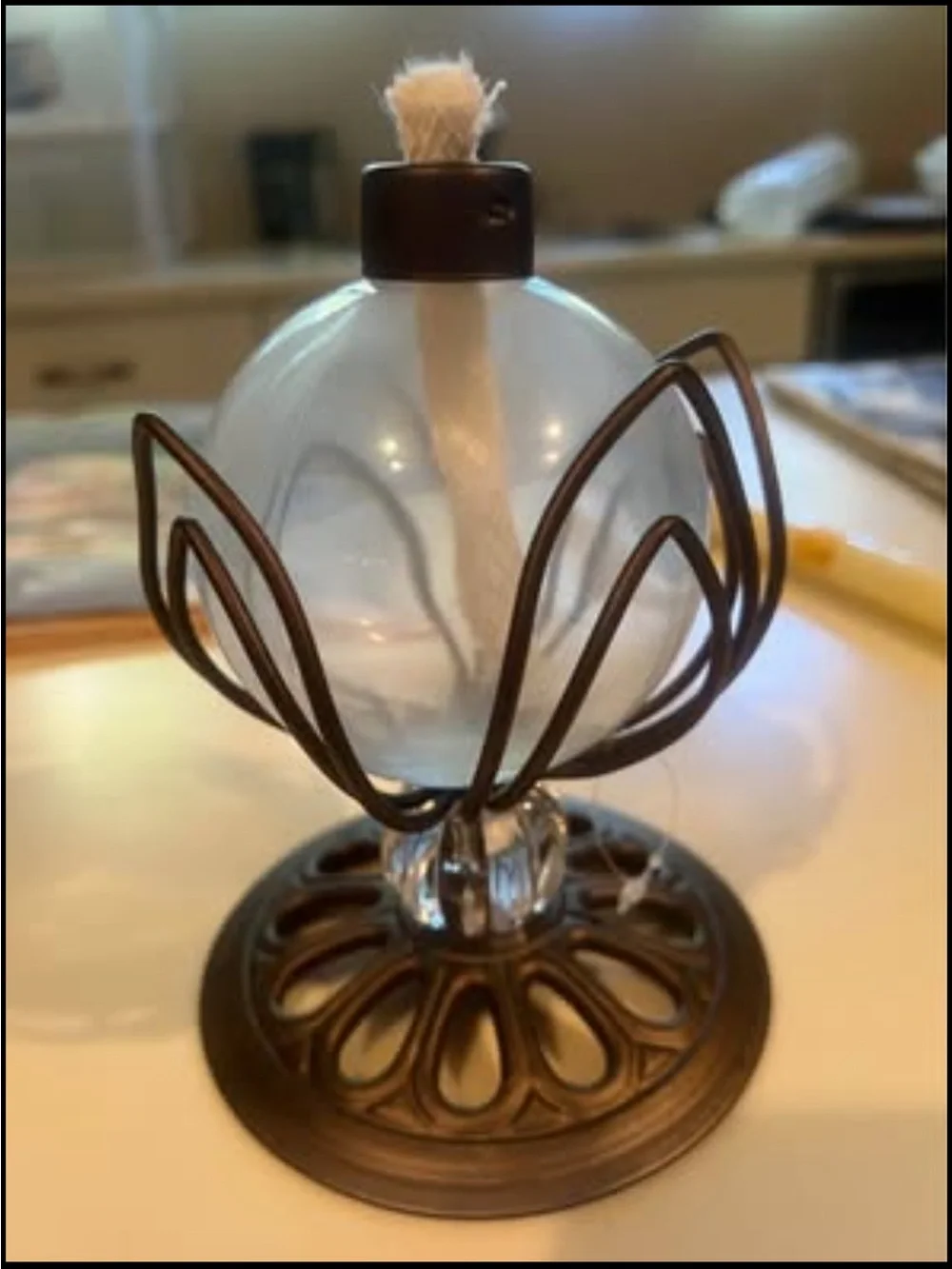 Vintage glass globe tabletop torch/ oil lamp, open flame top, beautiful unique